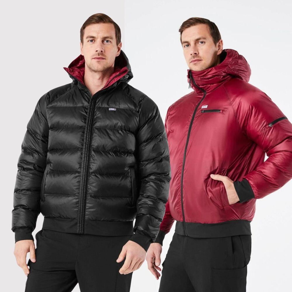 FIGS Mens Puffer Jacket Black Red Paramedic On Shift Reversible Packable Medium